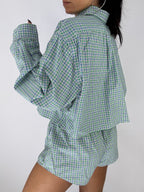 Ensemble upcyclé à carreaux verts et bleus