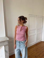 Top dos nu upcyclé à carreaux rouges - S