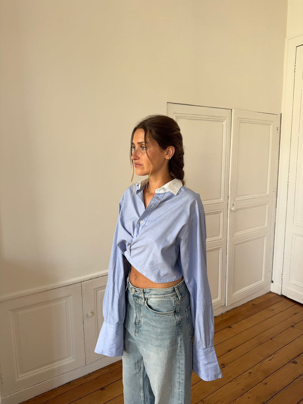 Chemise upcyclée dos nu bleu chiné - S/M