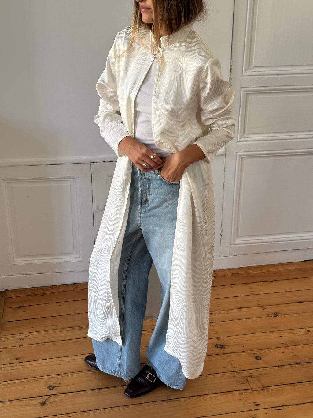Veste longue fine upcyclée soie zébrée - M