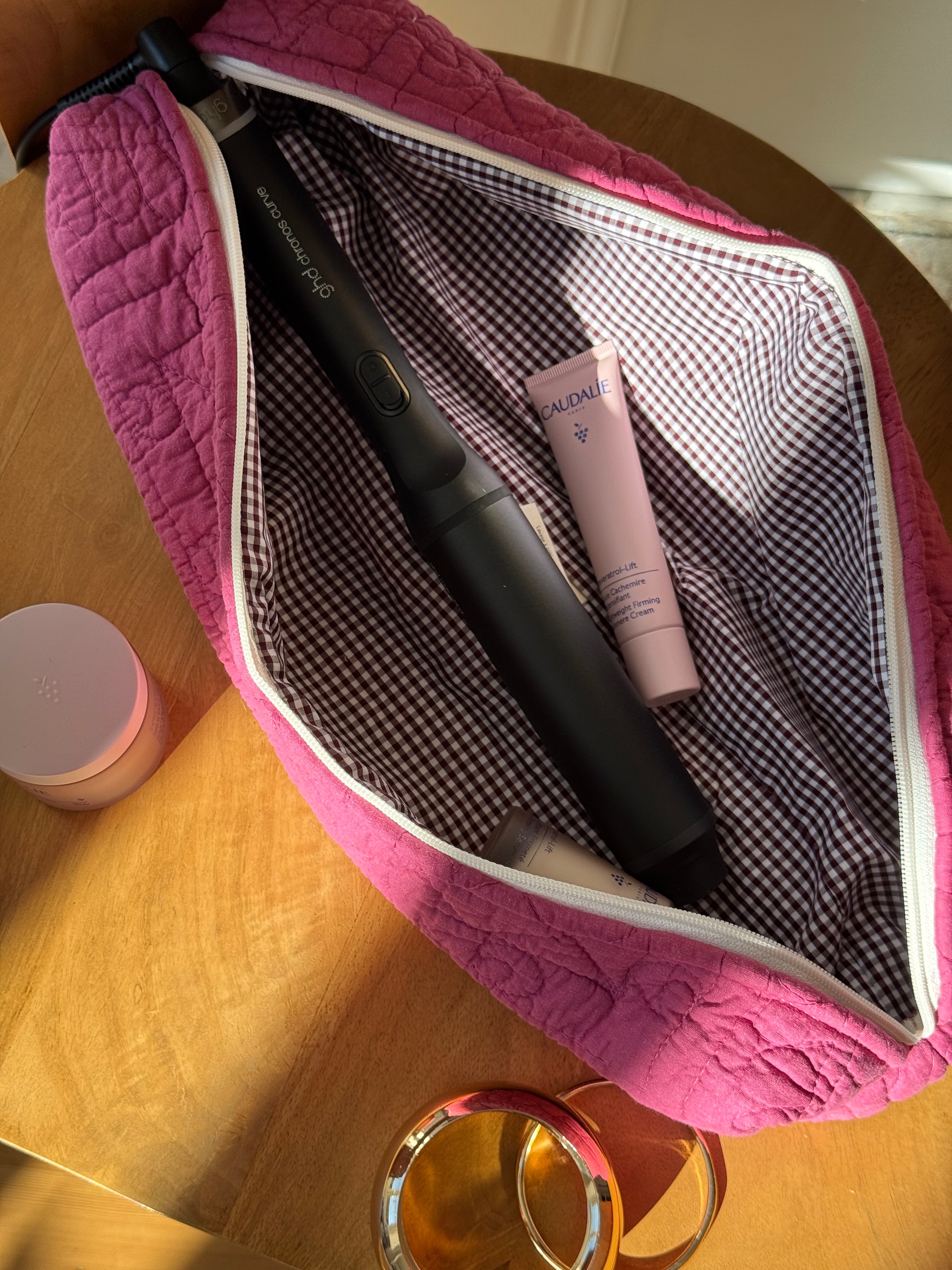 Trousse upcyclée matelassée framboise