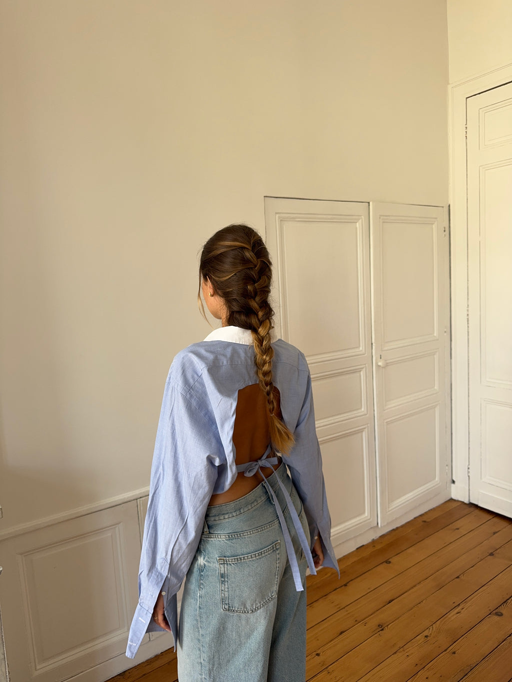 Chemise upcyclée dos nu bleu chiné - S/M