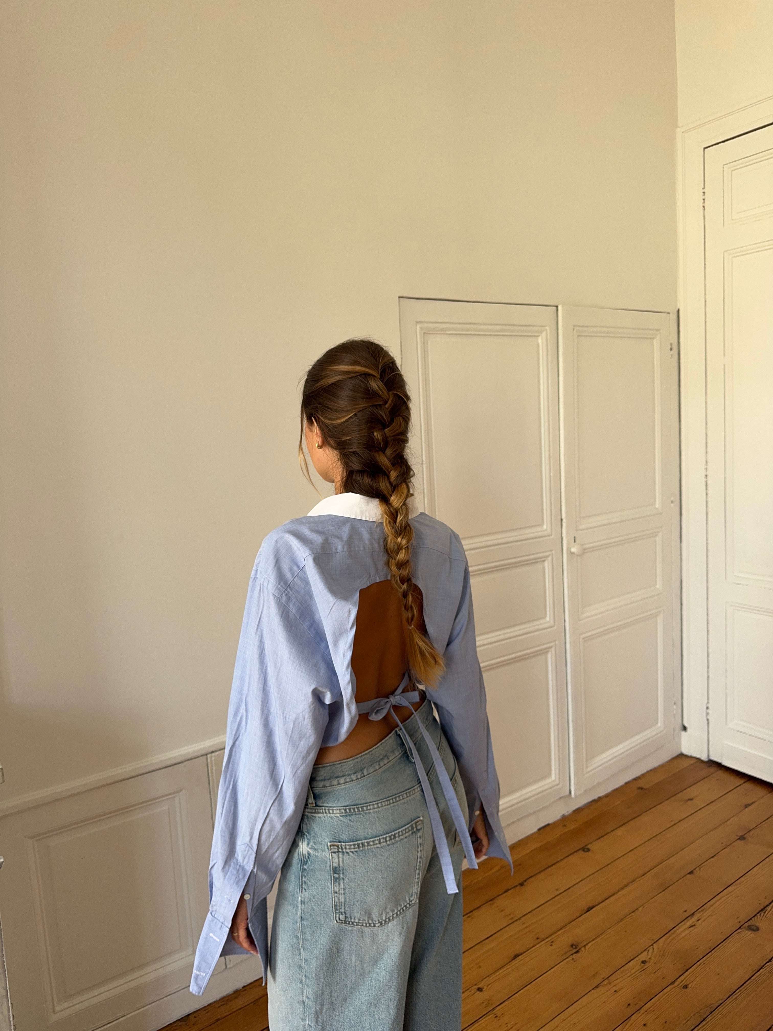 Chemise upcyclée dos nu bleu chiné - S/M