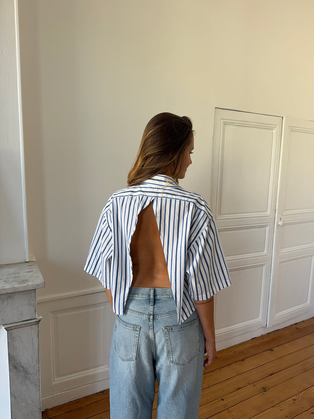 Chemisette upcyclée dos nu rayée - S/M