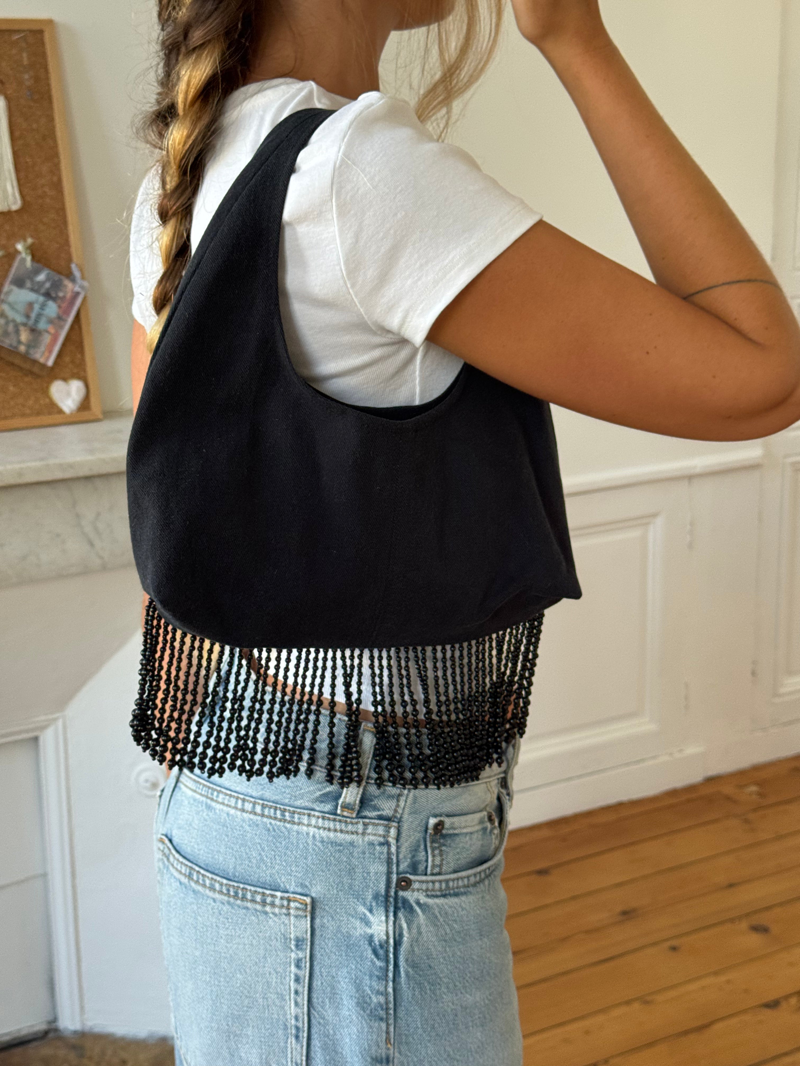 Sac upcyclé denim noir et perles