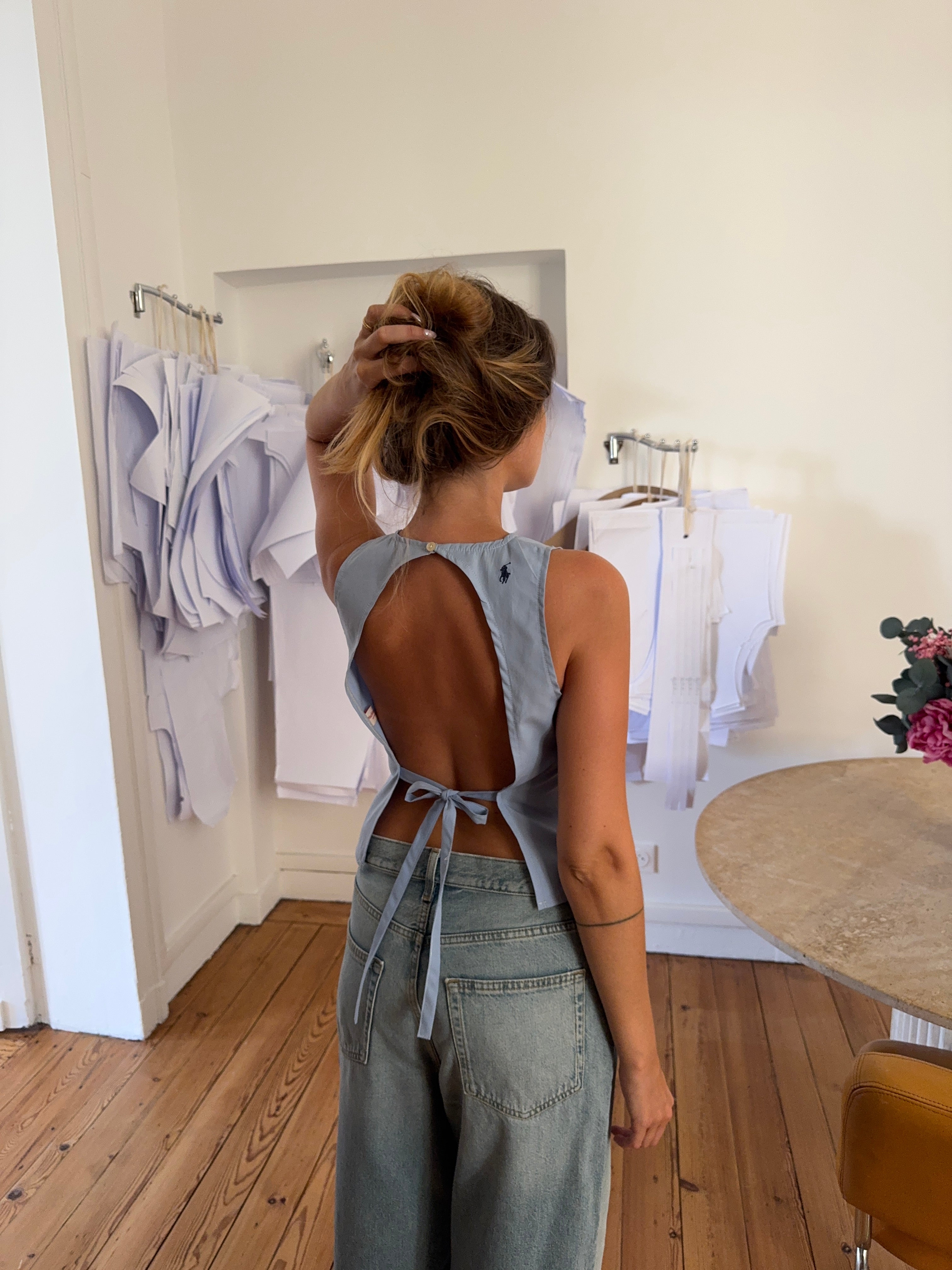 Top dos nu upcyclé bleu - S