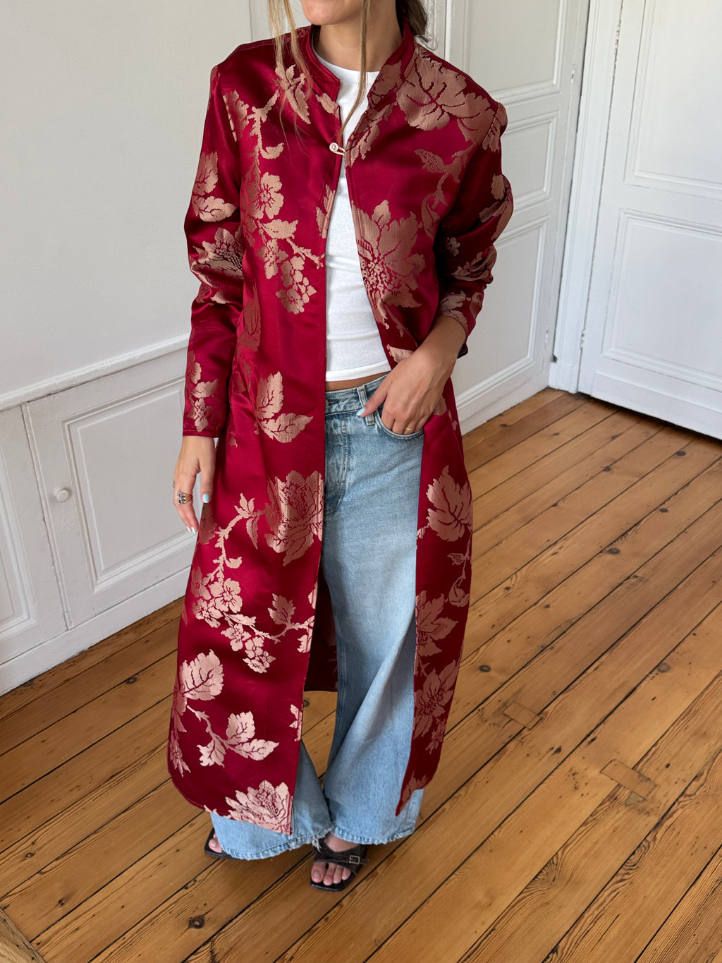 Veste longue upcyclée satinée rouge - M