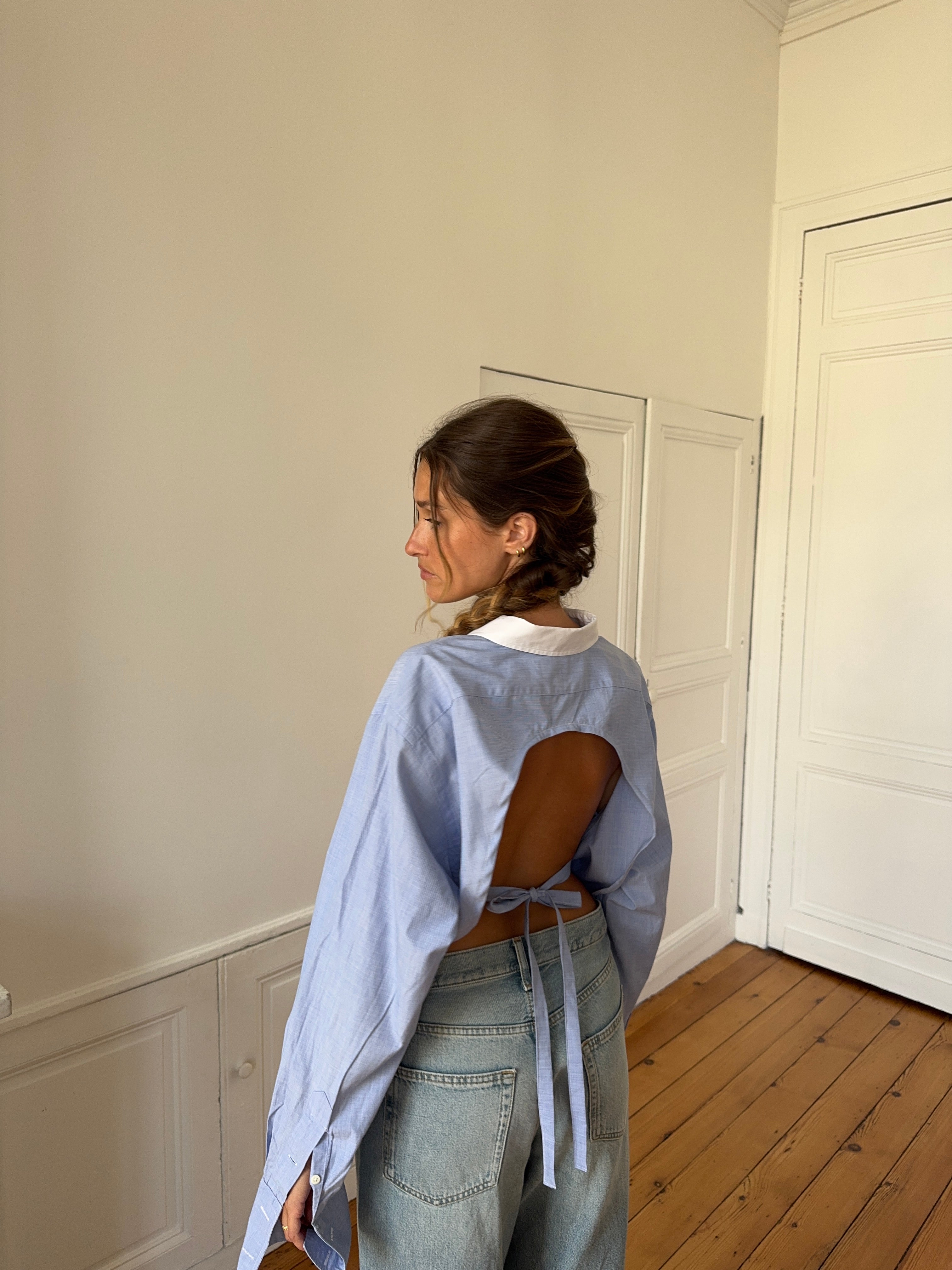 Chemise upcyclée dos nu bleu chiné - S/M
