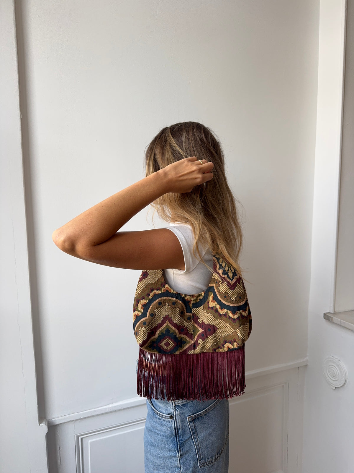 Sac upcyclé à motifs et franges