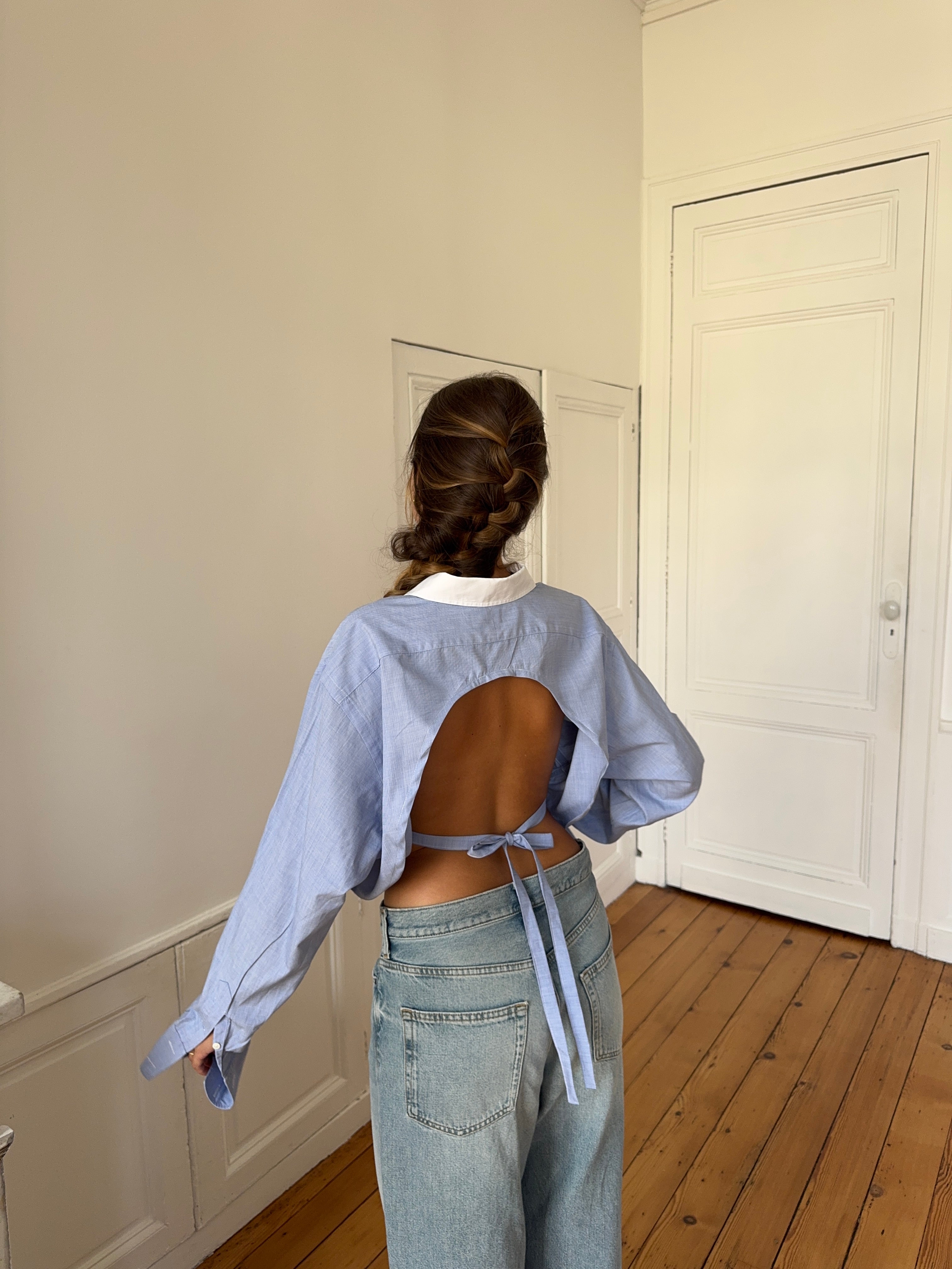Chemise upcyclée dos nu bleu chiné - S/M