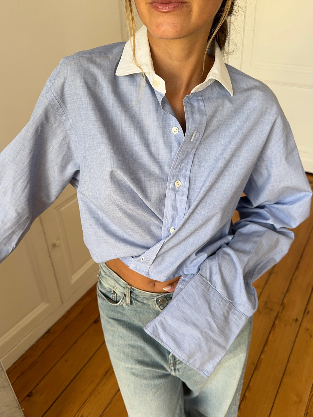 Chemise upcyclée dos nu bleu chiné - S/M
