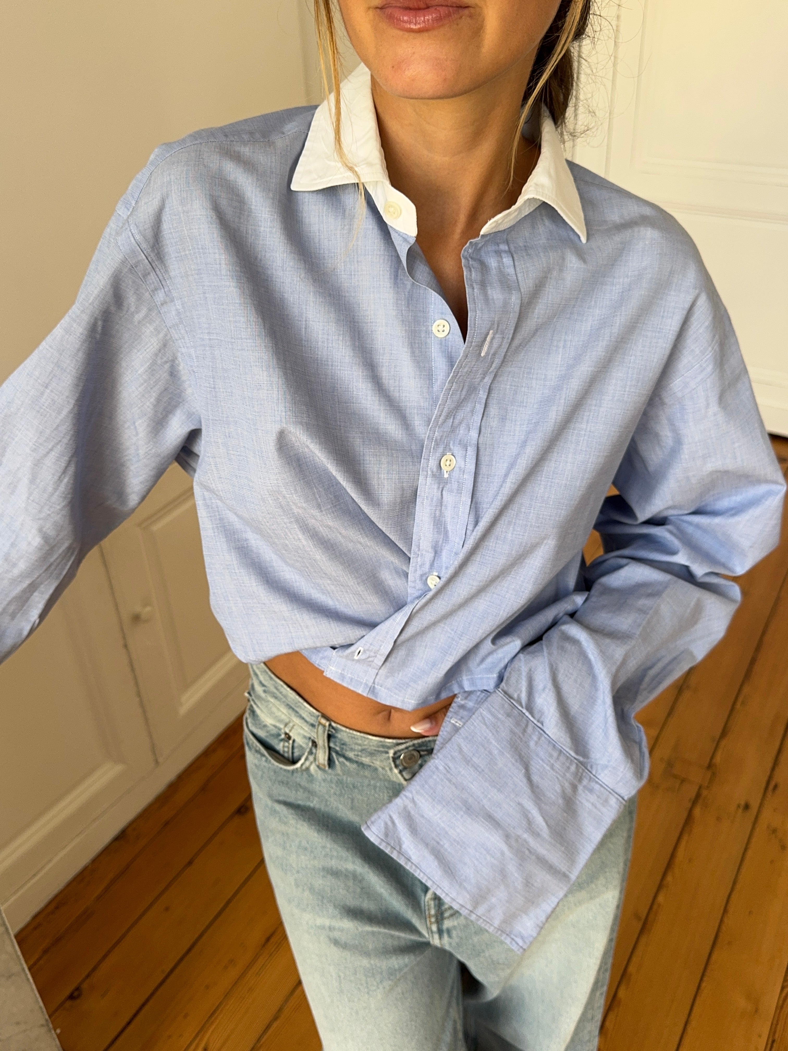 Chemise upcyclée dos nu bleu chiné - S/M
