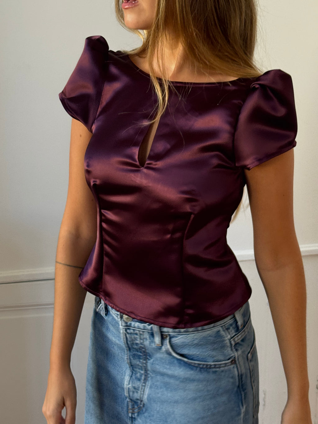 Gold satin upcycled backless top - XS