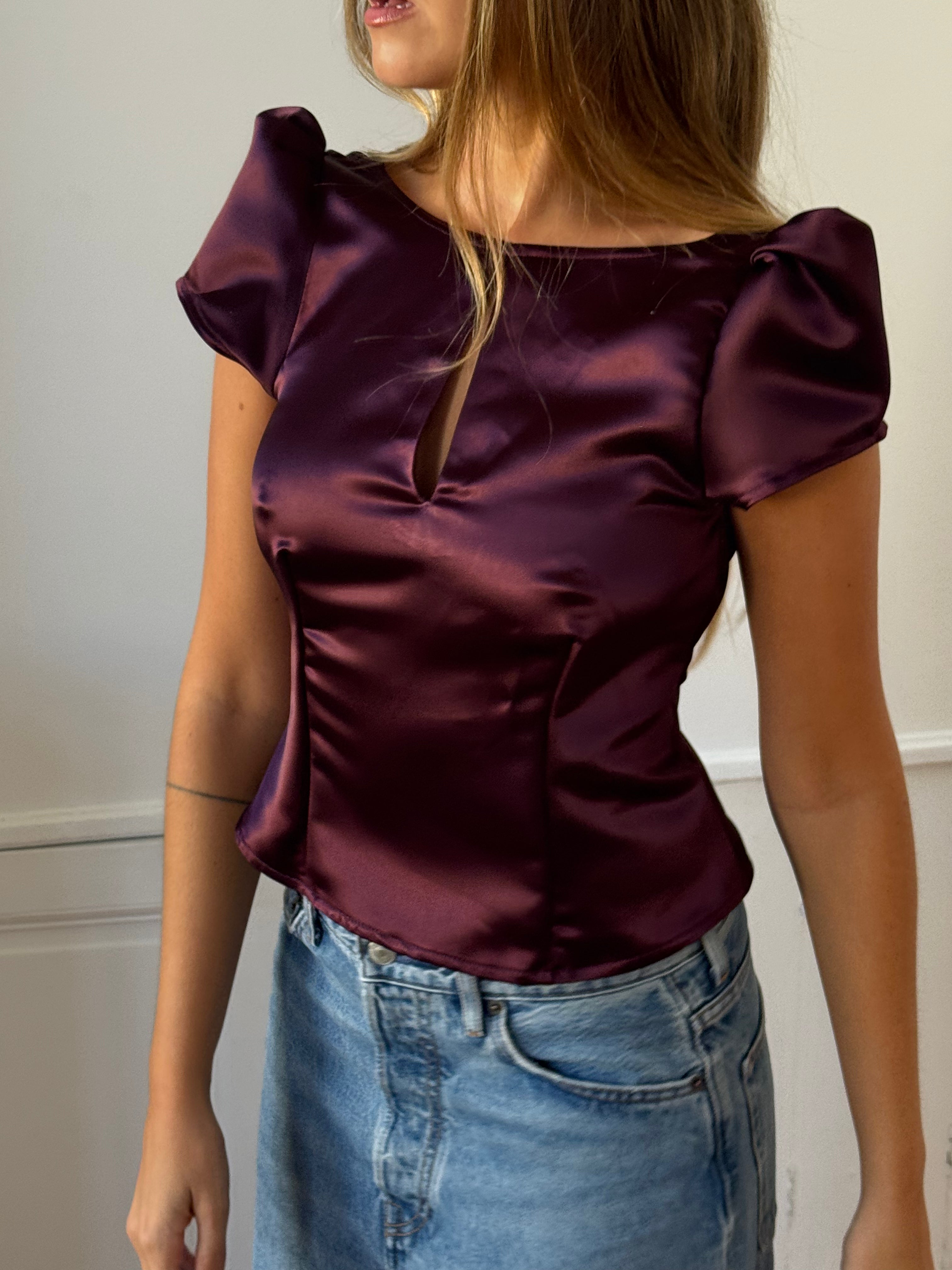 Gold satin upcycled backless top - XS