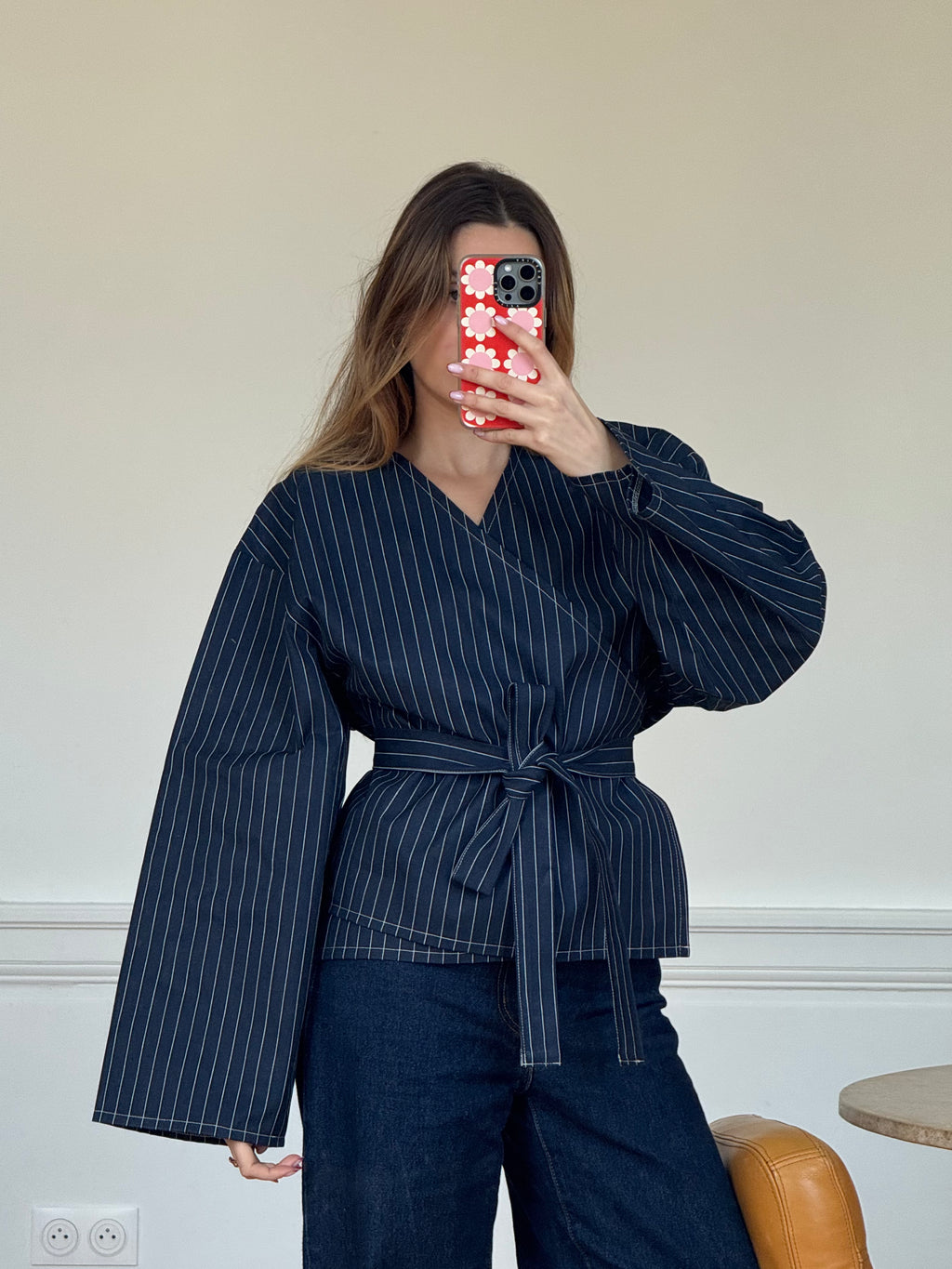 Kimono denim marine à rayures