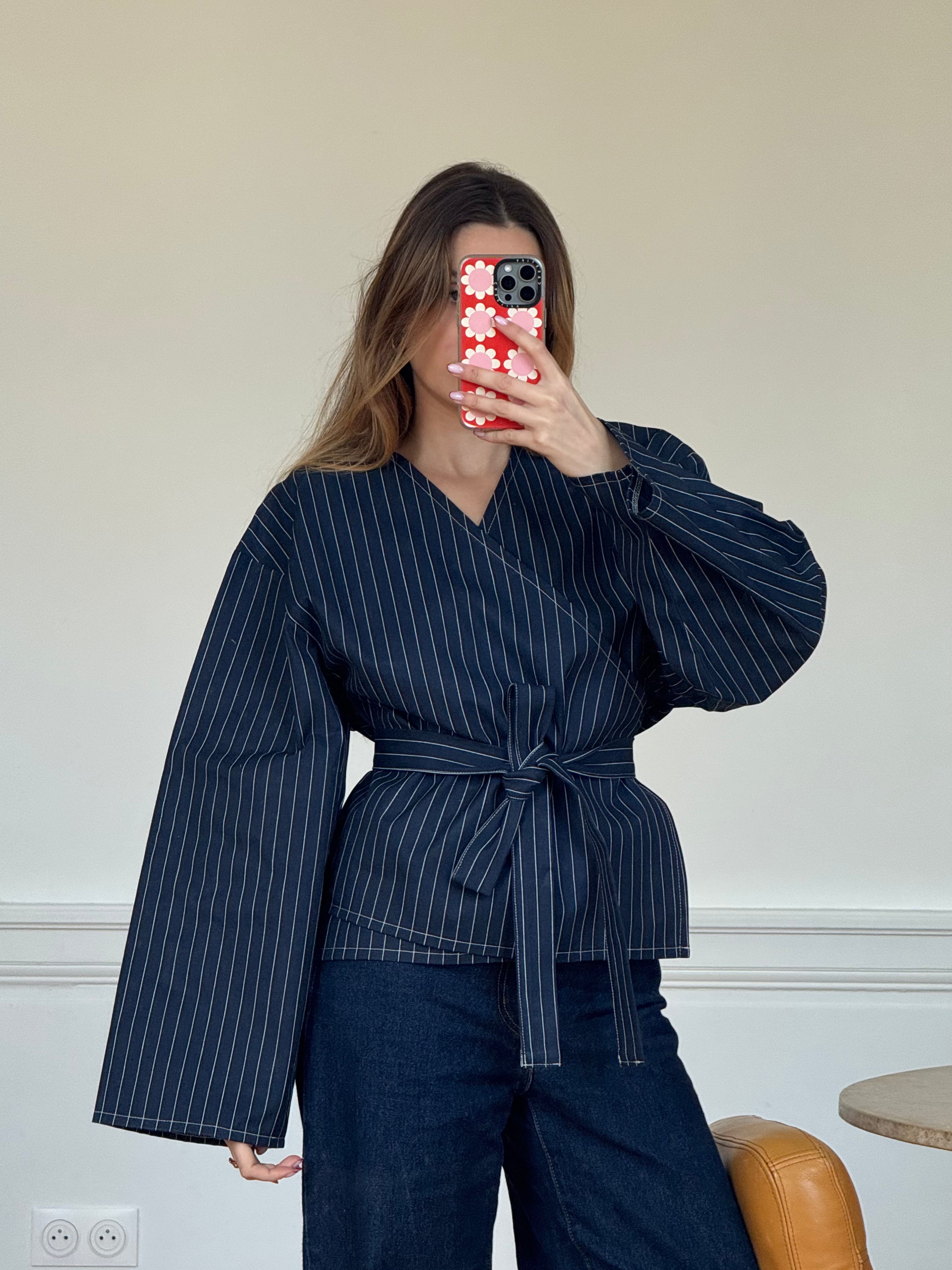 Kimono denim marine à rayures