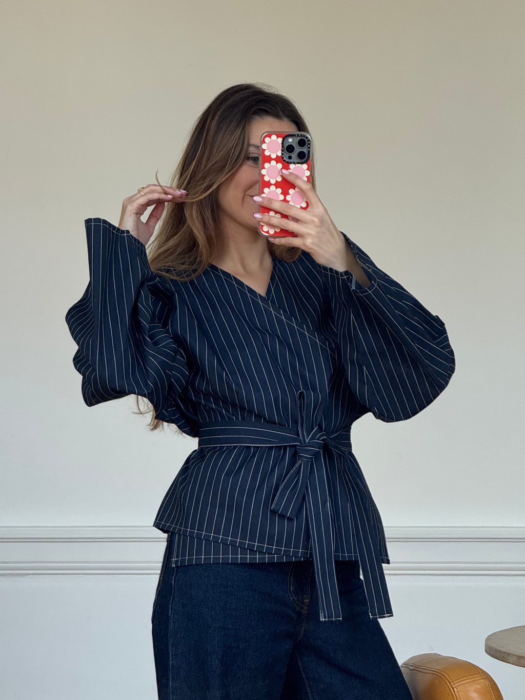 Kimono denim marine à rayures