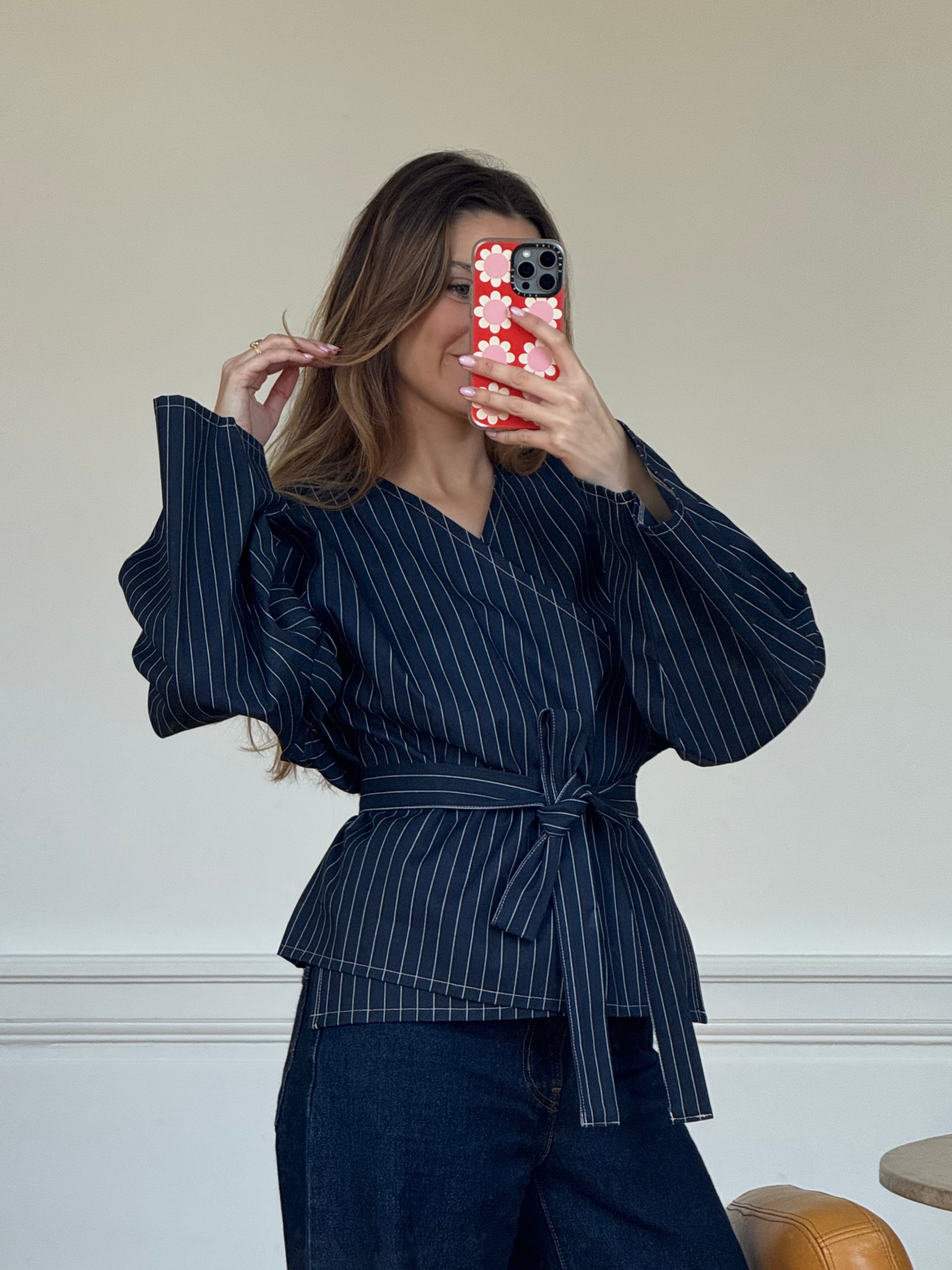 Kimono denim marine à rayures