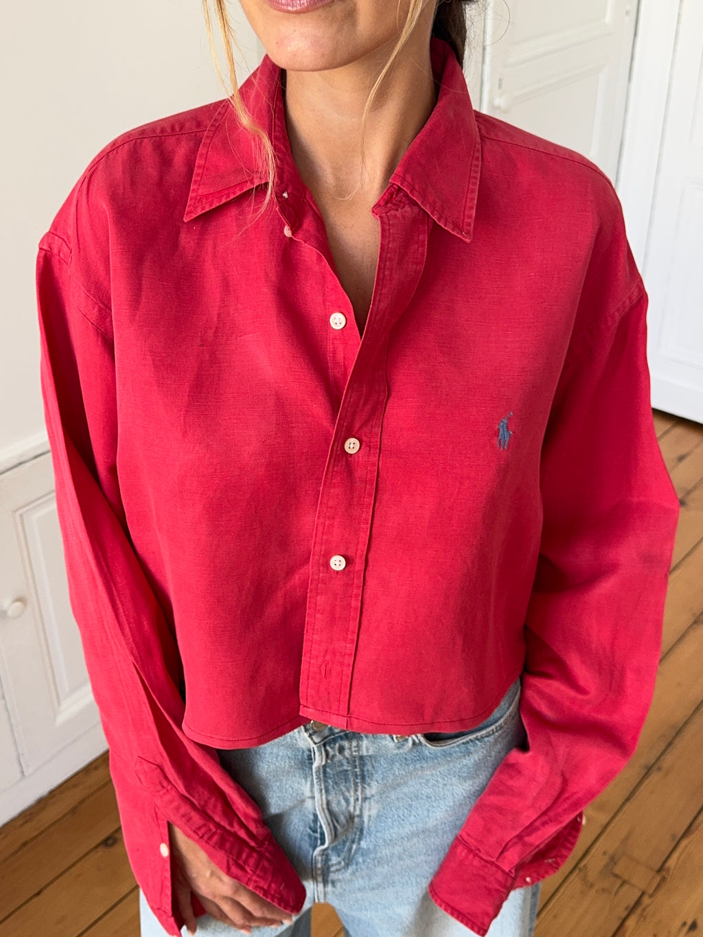 Chemise upcyclée dos nu soie/lin rouge - S/M