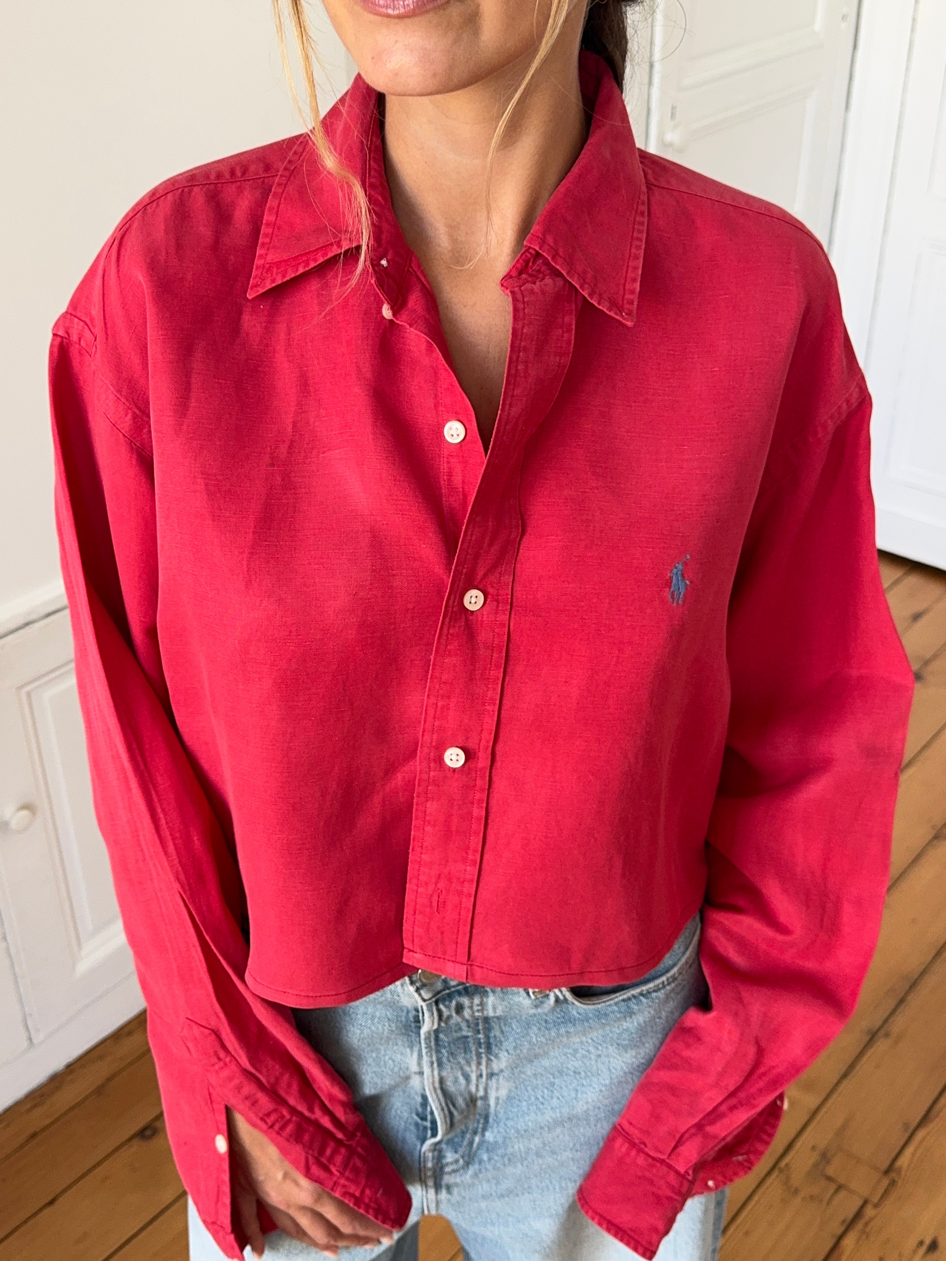 Chemise upcyclée dos nu soie/lin rouge - S/M