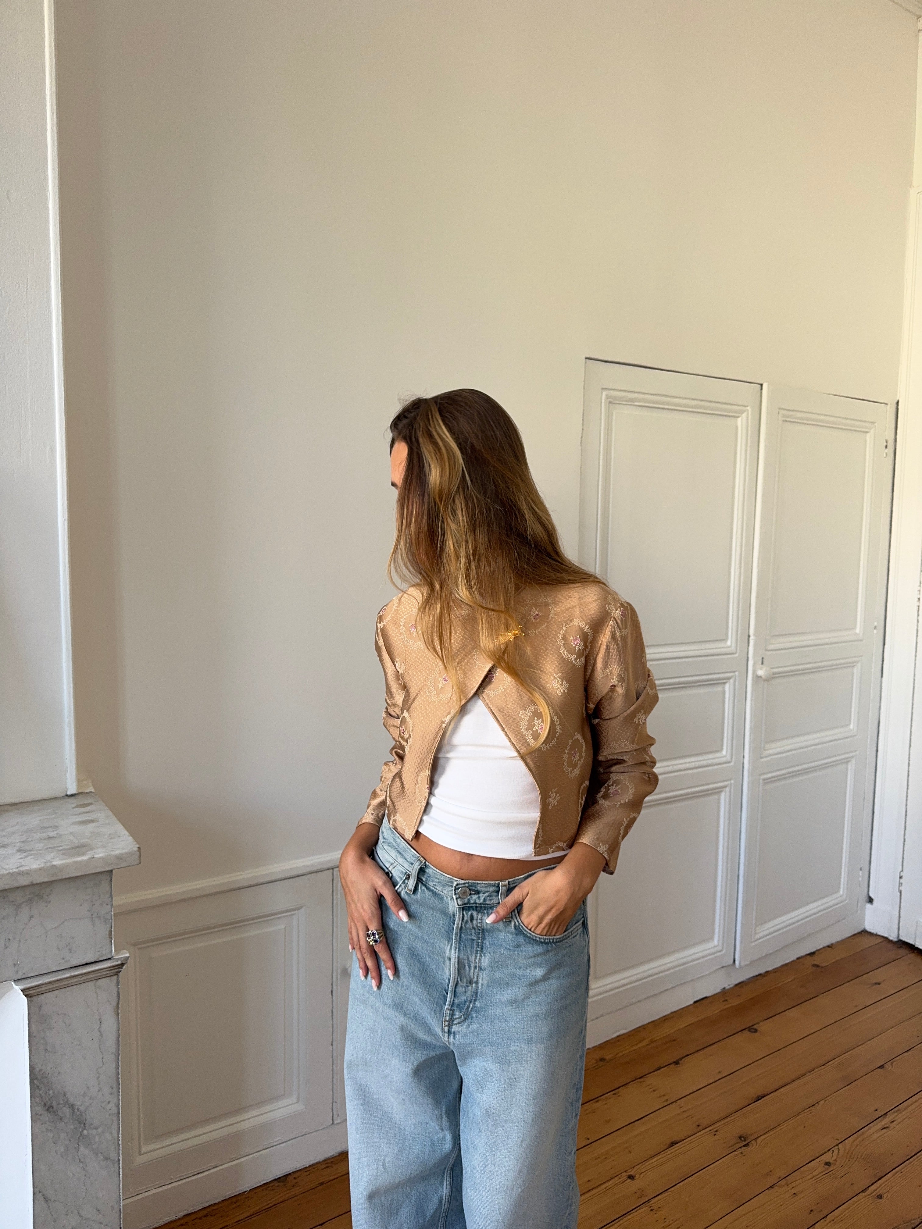 Veste courte upcyclée satinée cuivrée
