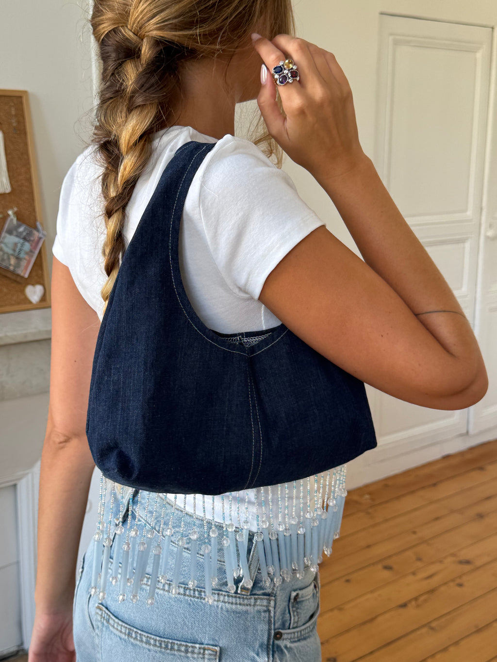 Sac upcyclé denim brut et perles
