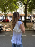 Sac upcyclé satiné écru à motifs et franges vintage - petit