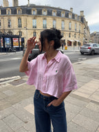 Chemisette upcyclée dos nu lin rose