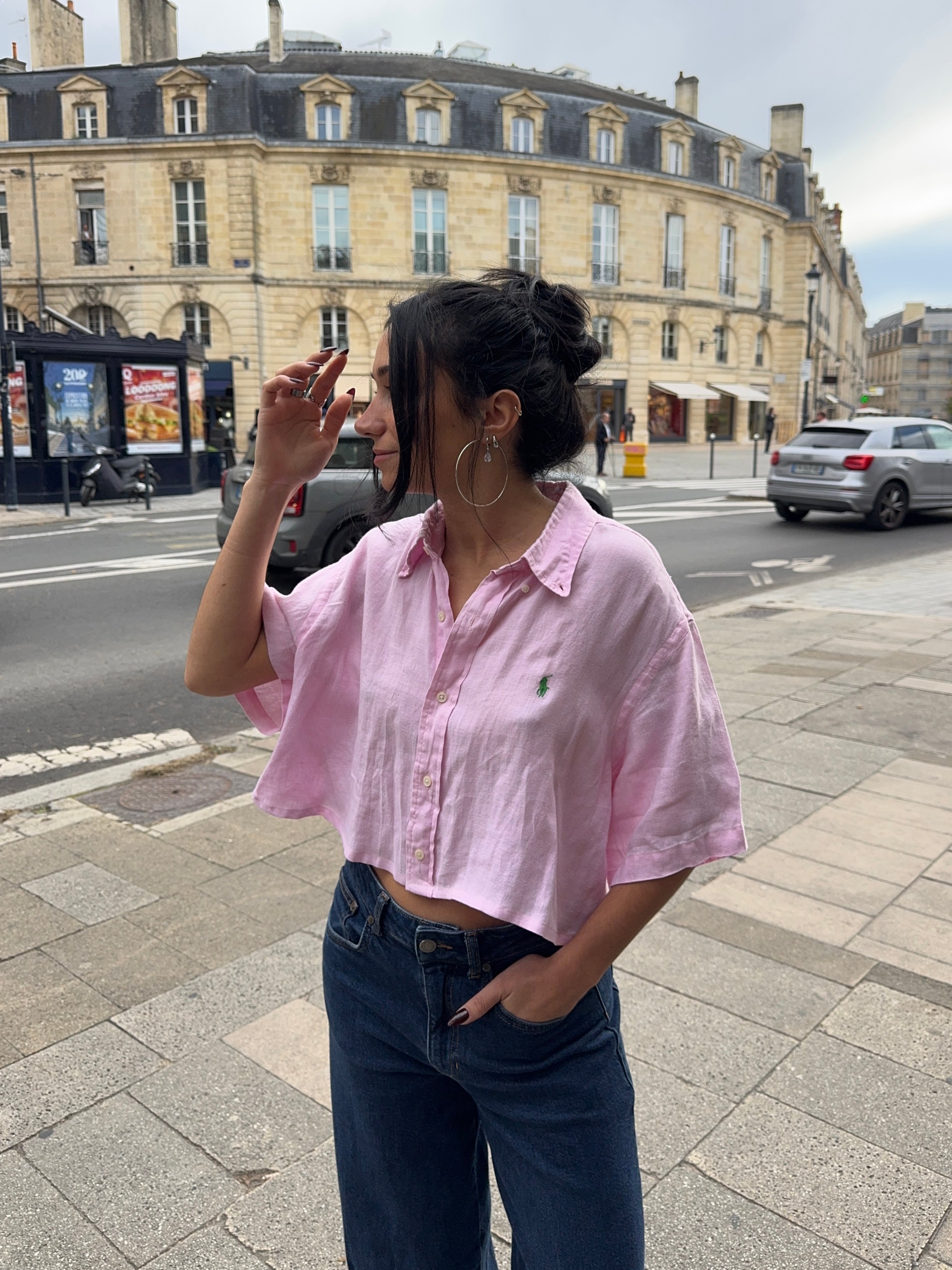 Chemisette upcyclée dos nu lin rose