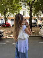 Sac upcyclé satiné écru à motifs et franges vintage - petit