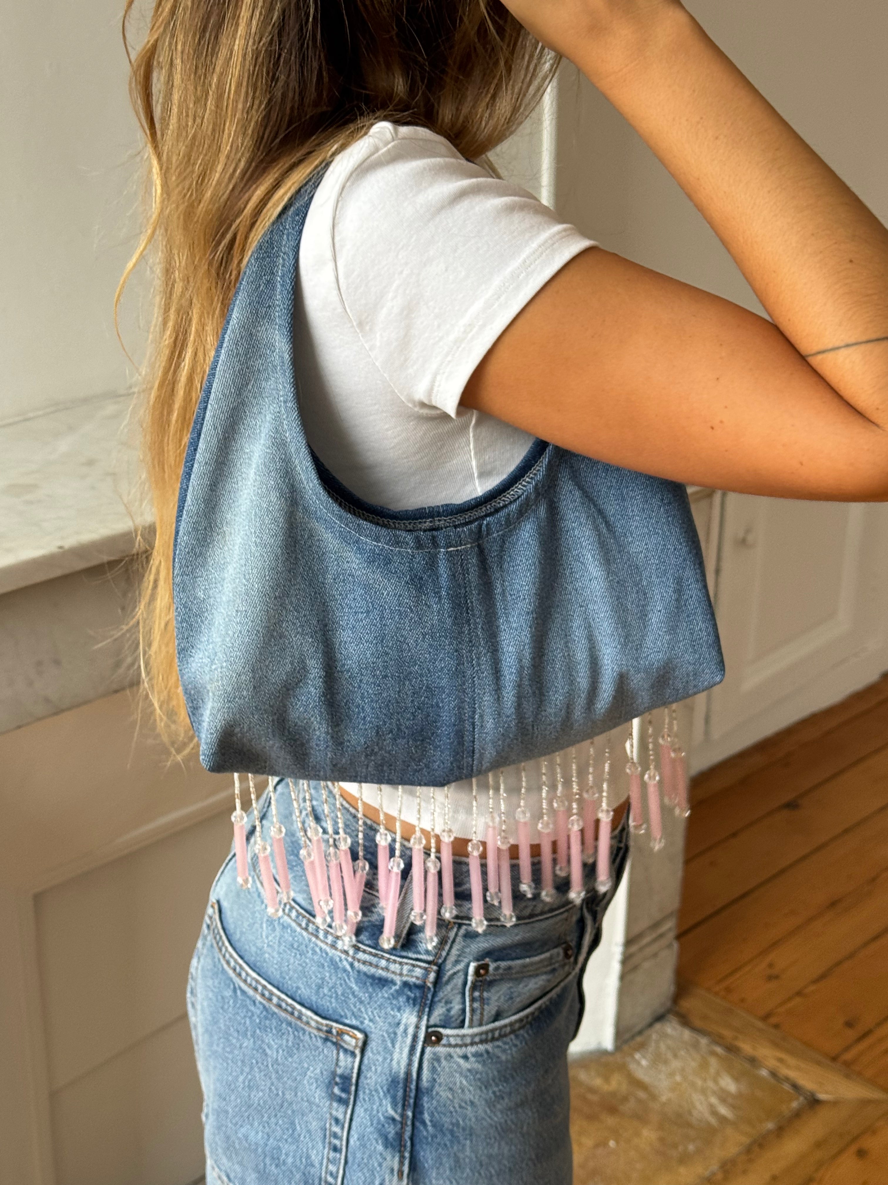 Sac upcyclé denim et perles