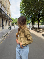 Veste courte upcyclée satinée dorée à motifs vintage