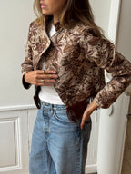 Veste courte upcyclée à motifs et franges