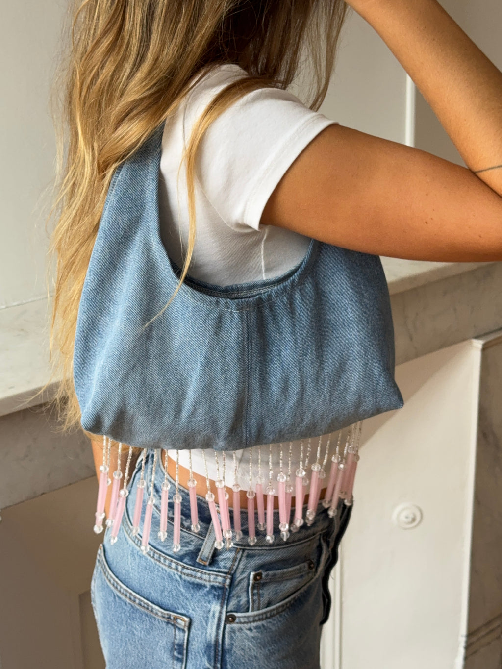 Sac upcyclé denim et perles
