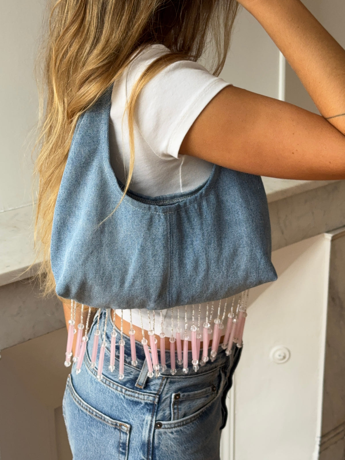 Sac upcyclé denim et perles
