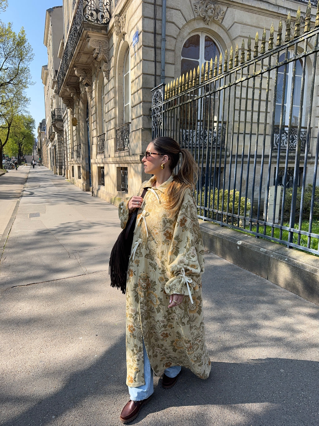 Manteau long upcyclé à motifs vintage