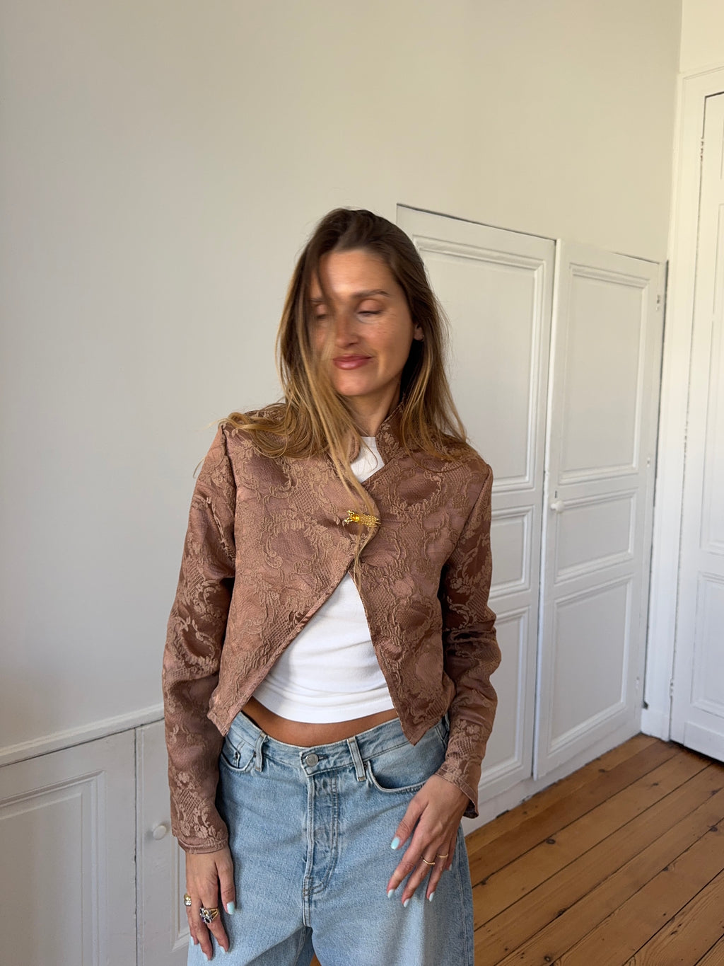 Veste courte upcyclée satinée cuivrée