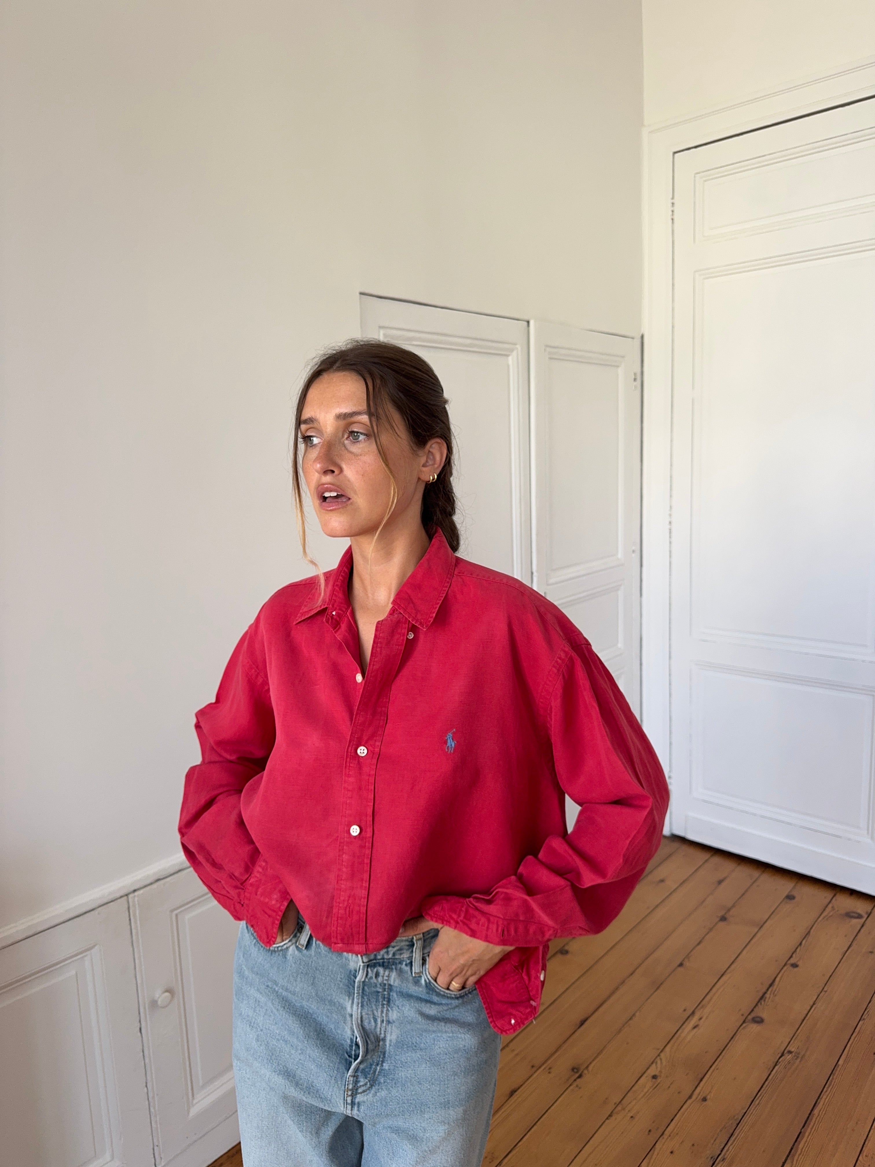 Chemise upcyclée dos nu soie/lin rouge - S/M