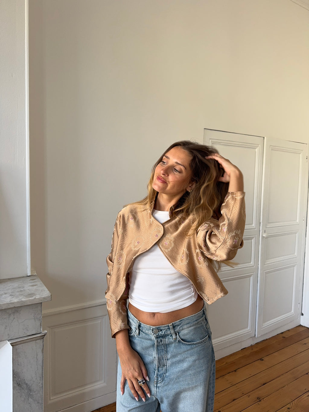 Veste courte upcyclée satinée cuivrée