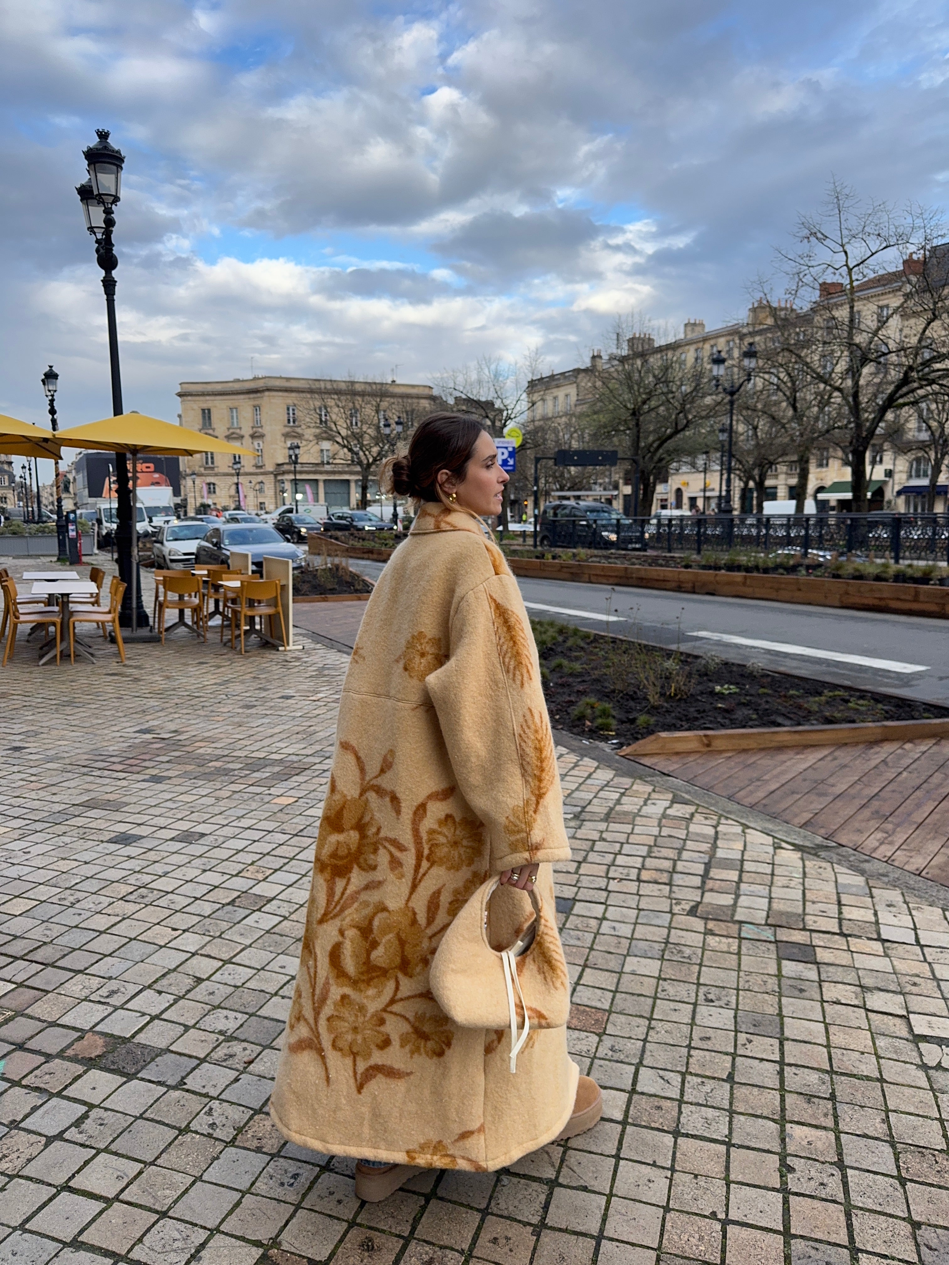 Sac upcyclé laine marron clair à motifs vintage - petit