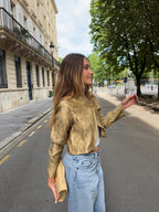 Veste courte upcyclée satinée dorée à motifs vintage