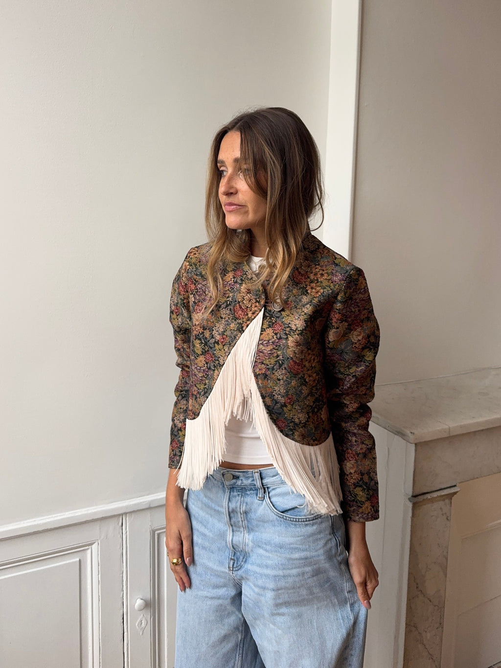 Upcycled patterned cropped jacket with fringe