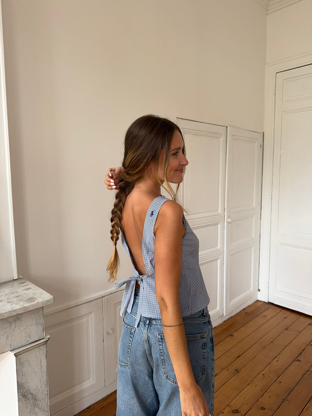 Top dos nu upcyclé à carreaux - M