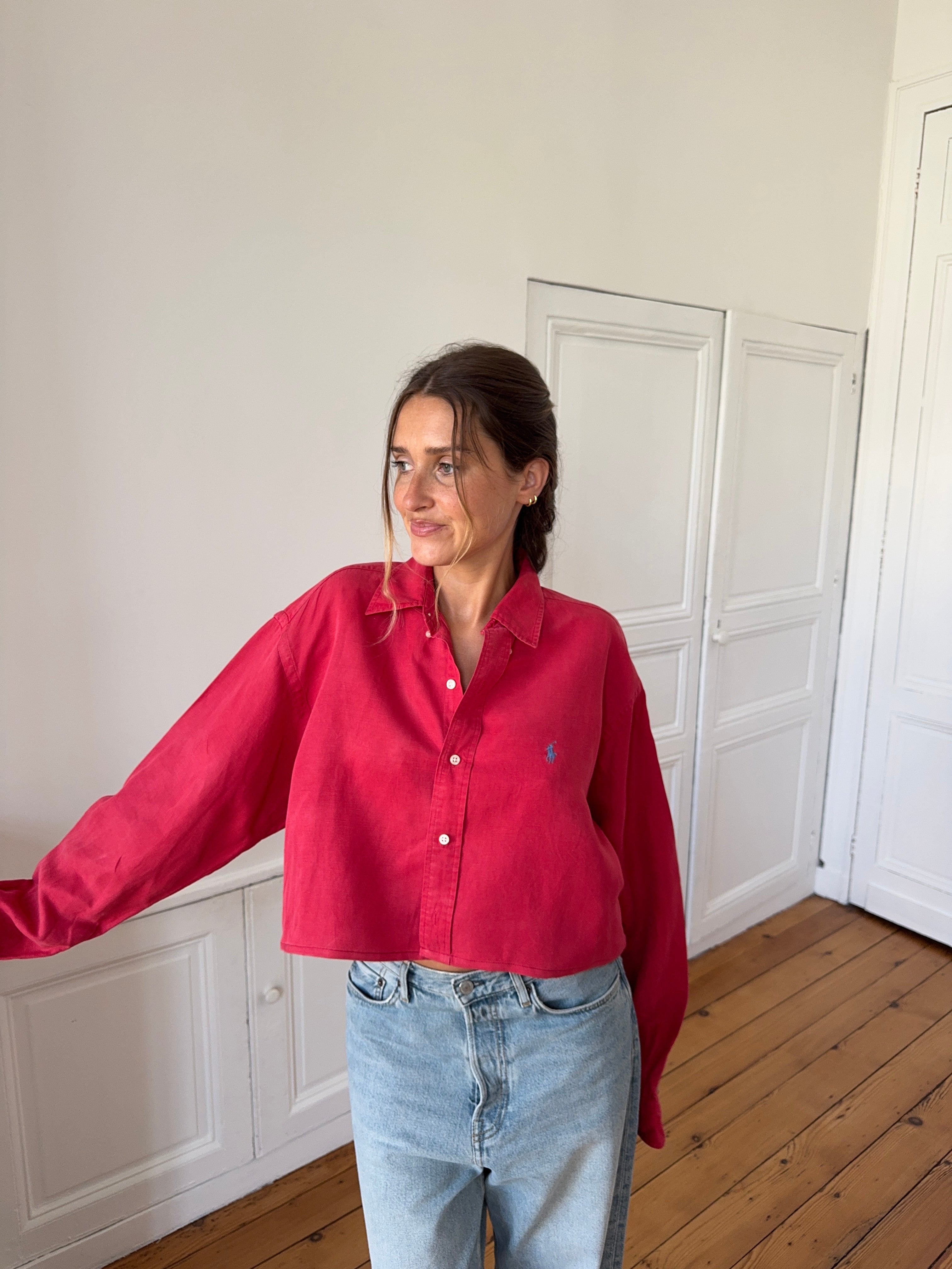 Chemise upcyclée dos nu soie/lin rouge - S/M