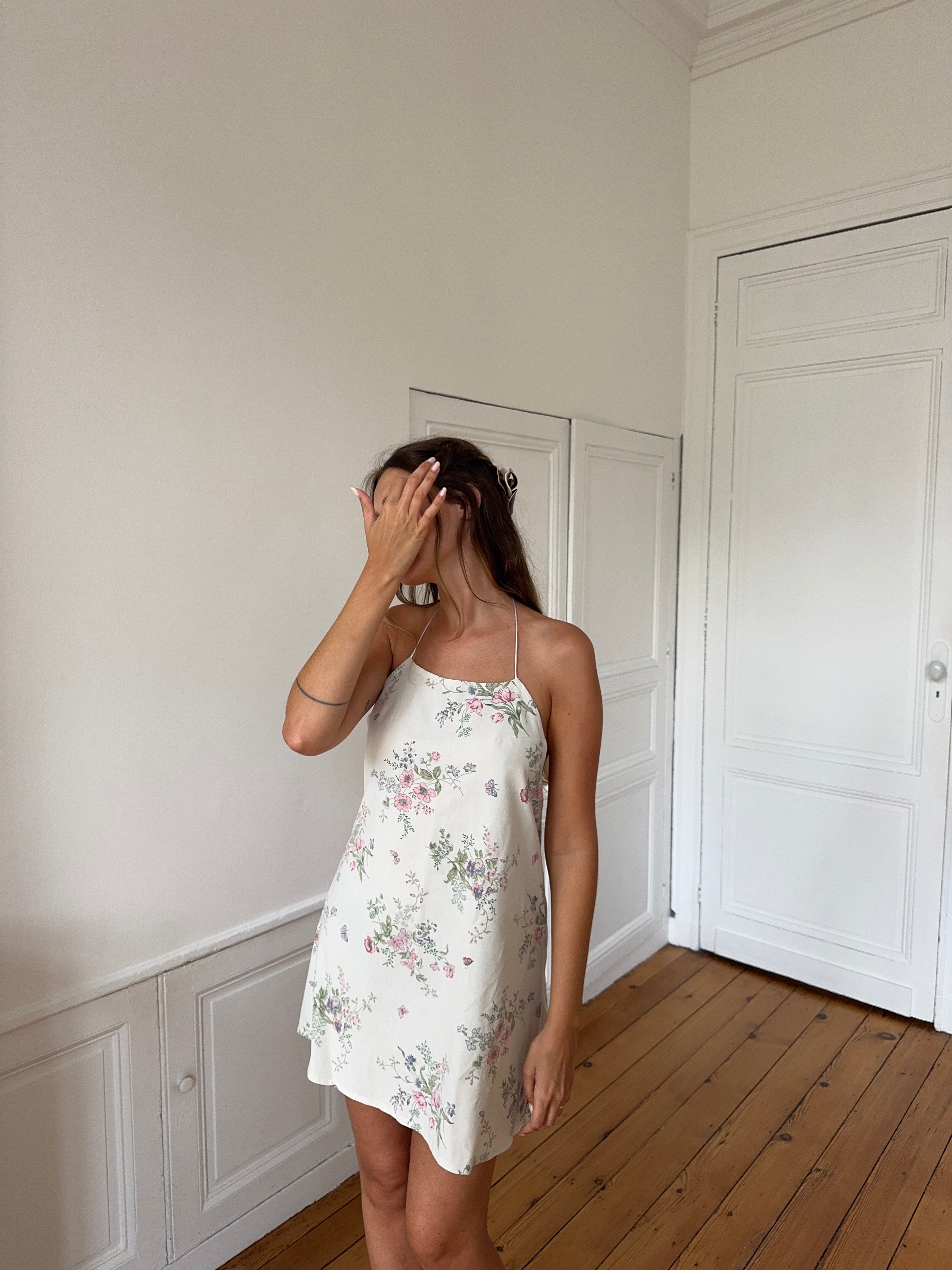 Robe dos nu upcyclée crème à motifs - XS/S
