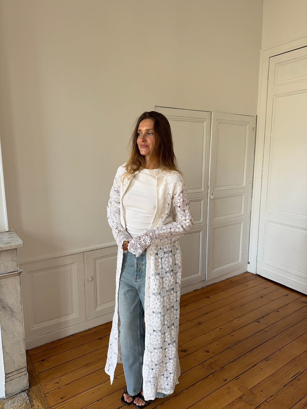 Veste longue upcyclée blanche - M