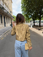 Veste courte upcyclée satinée dorée à motifs vintage