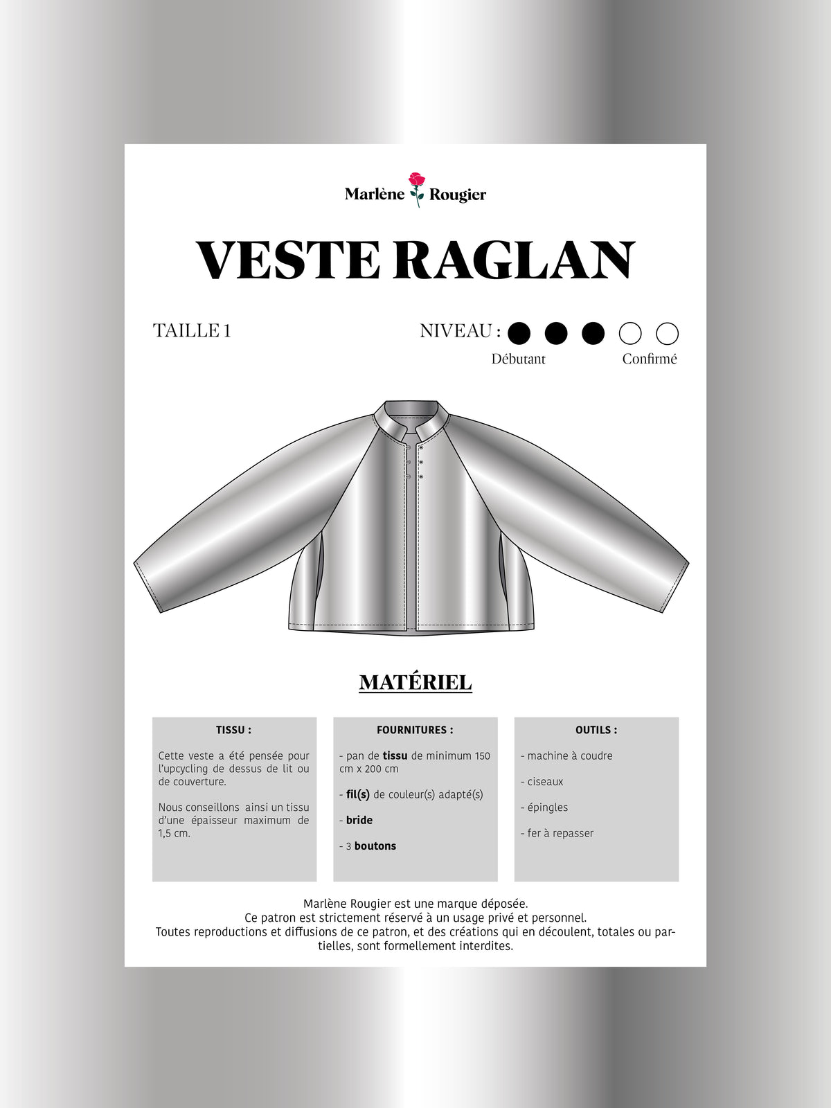 Patron veste raglan - Taille 1 - PDF